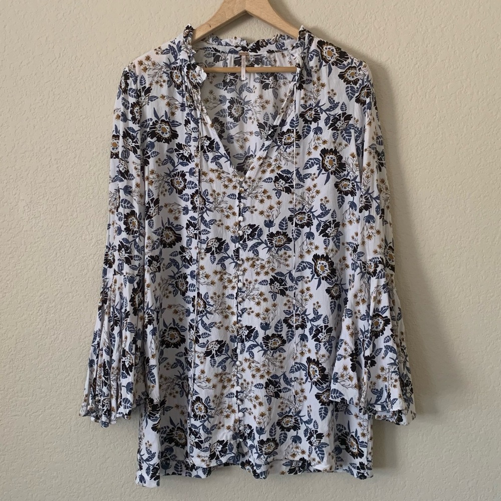 Free People Magic Mystery Blue Floral Bell Sleeve Tunic Blouse Dress Size Small